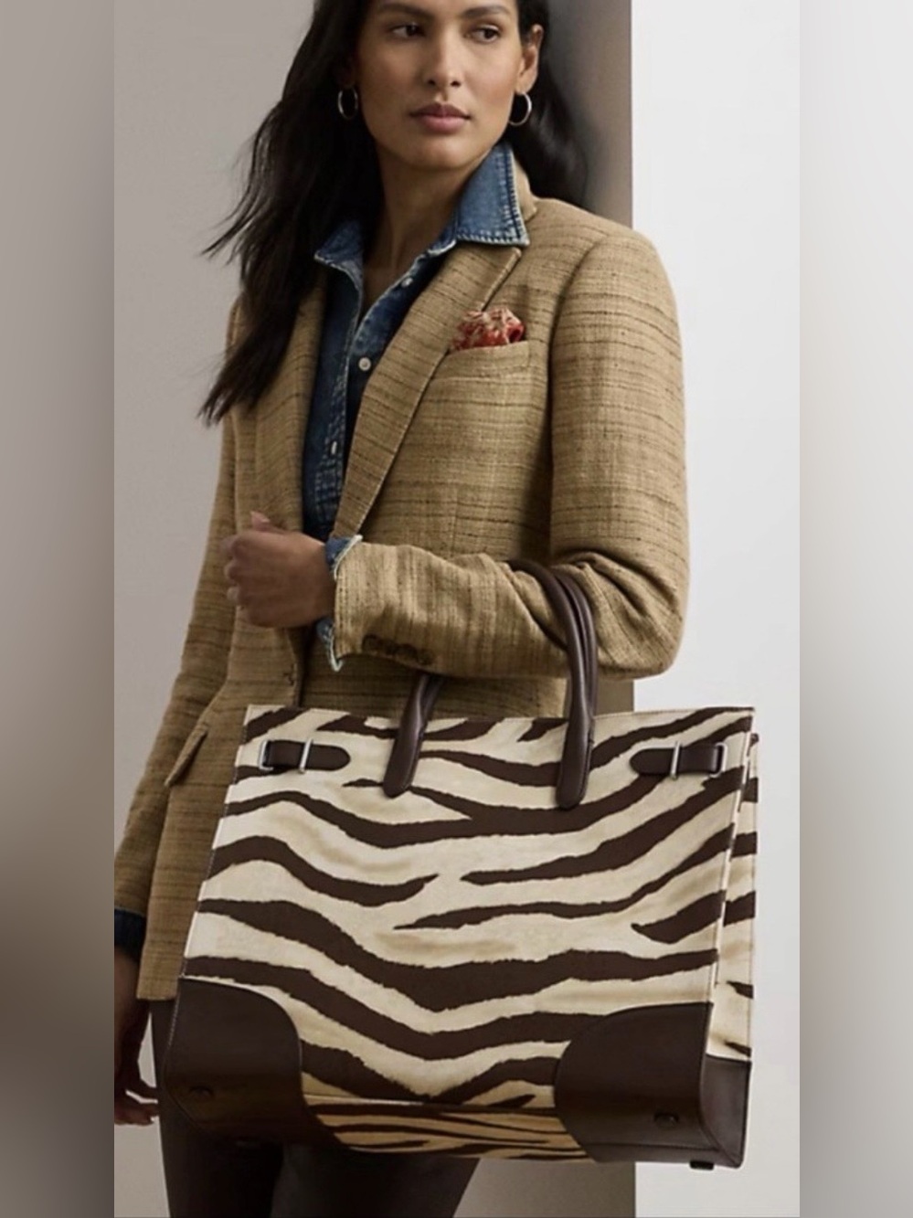 Lauren Ralph Lauren Transition Zebra Tote Bag Brown Canvas Leather NWT $350